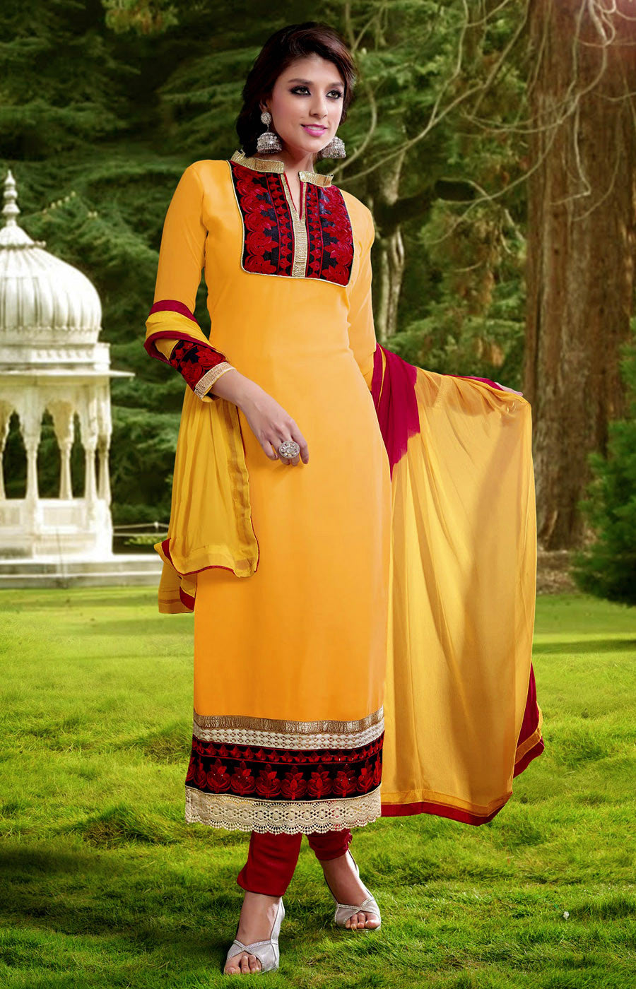 Miravan Women's Floral Print & Embroidered Work Anarkali Rayon Yellow Kurti  With Pant & Dupatta Set